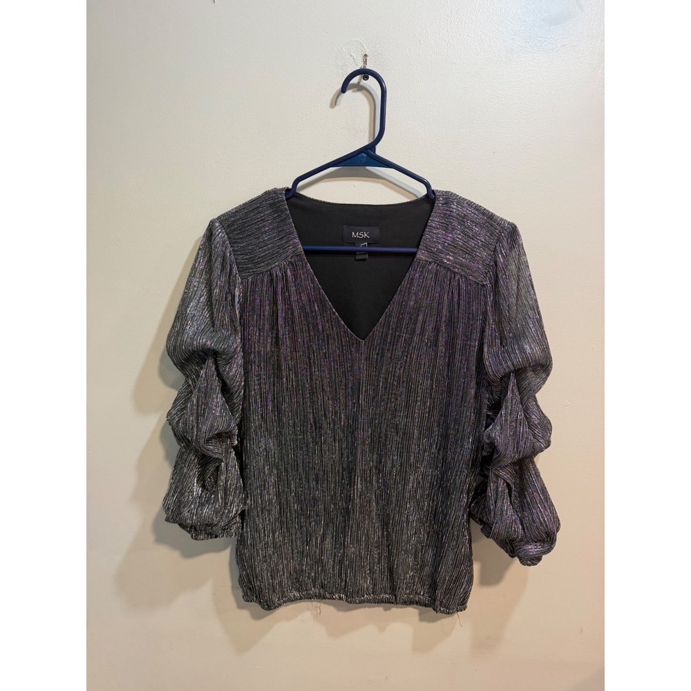 MSK Womens Metallic Silver‎ Pleated V-Neck Blouse Ruffle Tiered Sleeve Small